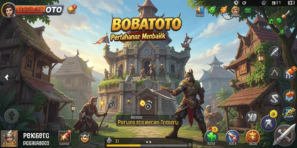 Gameplay BOBATOTO dengan menara pertahanan yang strategis.