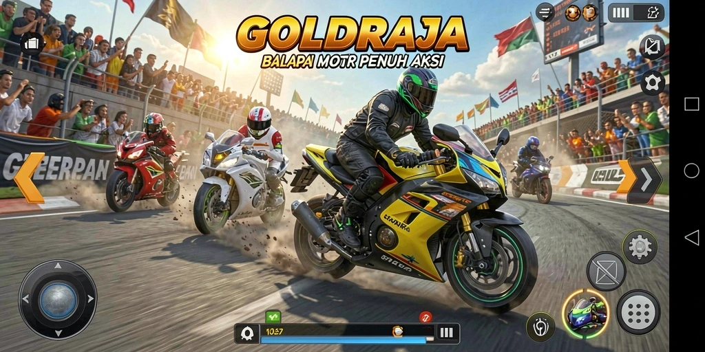 Tampilan gameplay <strong>GOLDRAJA</strong> yang penuh aksi dan balapan motor yang seru.