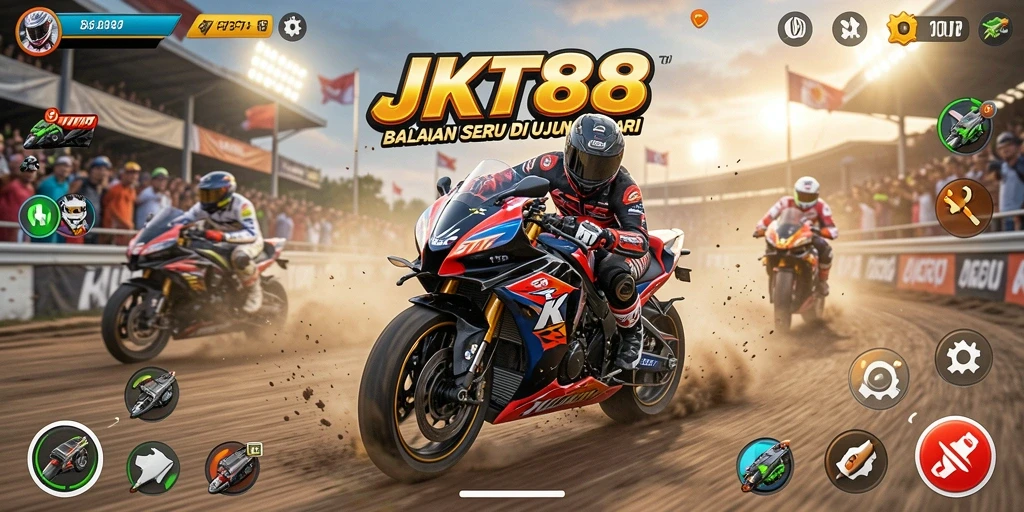 Screenshot gameplay JKT88 menampilkan balapan motor yang intens dan mendebarkan.