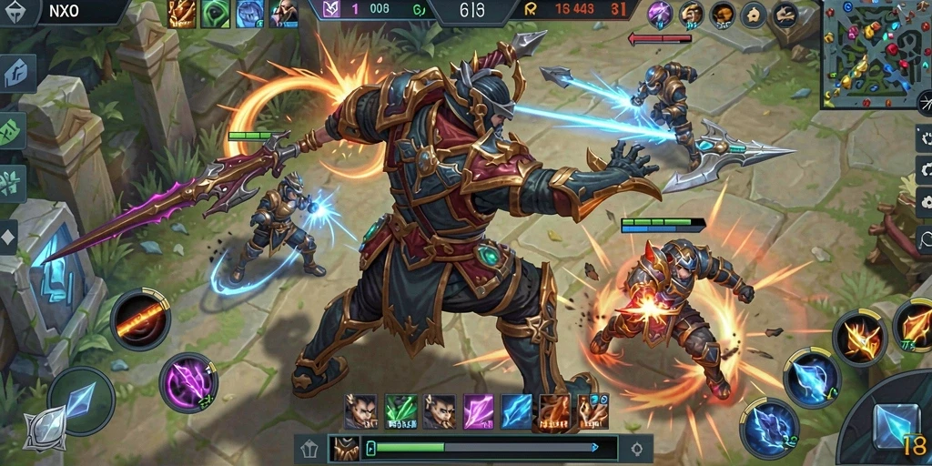 Screenshot gameplay NX303 yang menampilkan aksi seru di arena MOBA.