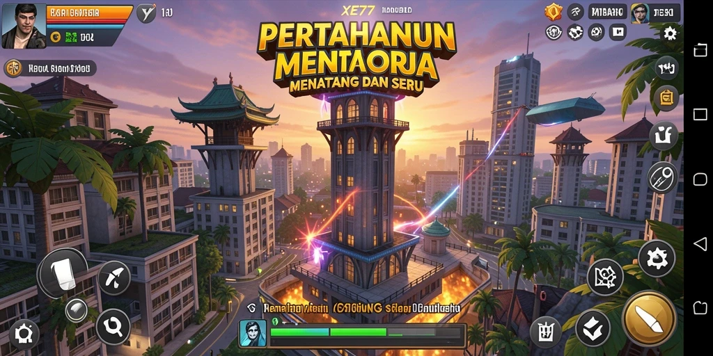 Tangkapan layar gameplay XE77 yang menunjukkan grafis menawan dan strategi bertahan.